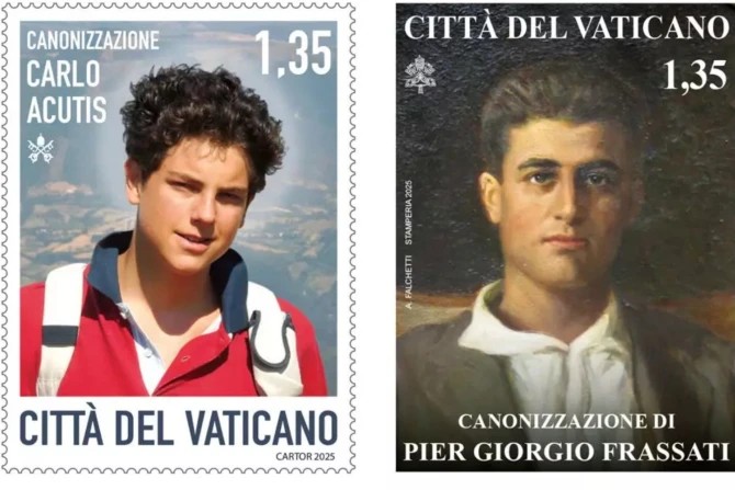 Érdekességek a szeptember 7-i szentté avatásokról 2 Carlo Acutis es Pier Giorgio Frassati emlekbelyegek
